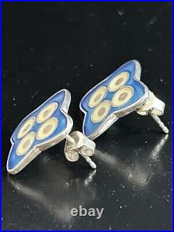 Antique Earrings Art Nouveau Sterling Silver Enamel Signed Blue Designer