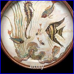 Antique Enamel Arts & Crafts Painting On Copper Seahorse Shell Fish Coral Bowl
