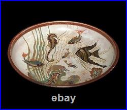 Antique Enamel Arts & Crafts Painting On Copper Seahorse Shell Fish Coral Bowl