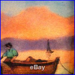 Antique Enamel Limoges Plaque Painting Fishermen at Sunset Signed
