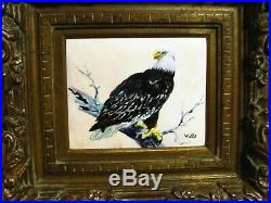 Antique Enamel Painting On Copper By Watts- American Bold Eagle The Rockies