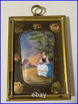 Antique Enamel on Copper by Damon Painting, Signed & Framed, 3 x 4 3/4 (Image)