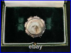 Antique English hand painted enamel dog brooch, Art Deco sterling frame, marked