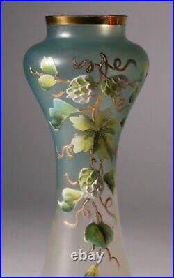 Antique European Art Nouveau Austrian Satin Glass Vase-Enameled Flower Painting