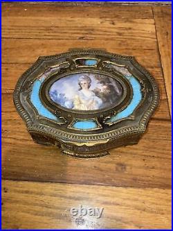 Antique French Enamel Anatole Vely Miniature Woman Portrait Painting Bronze Box