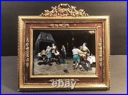 Antique French Enamel On Copper Plaque/Tavern Brawl/Bronze Ormolu Frame/Signed