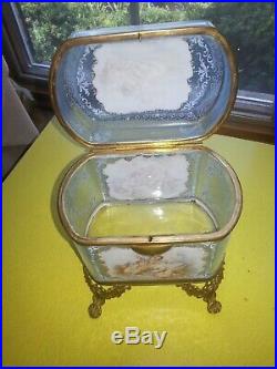 Antique French Enamel Painted Art Glass Cherub Sugar Casket or Jewelry Box