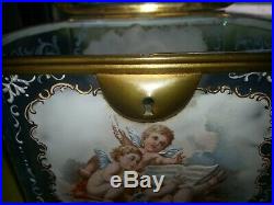 Antique French Enamel Painted Art Glass Cherub Sugar Casket or Jewelry Box