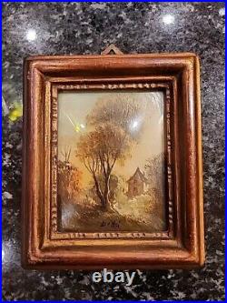 Antique French Enamel on Copper Painting 19th Farmhouse signed DeRei 4X4.75