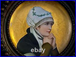 Antique French Hand Painted Framed Porcelain Charger Enamel painting of Woman