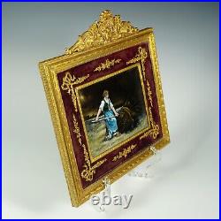Antique French Limoges Enamel Miniature Portrait Plaque Gilt Bronze Empire Frame