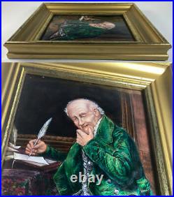 Antique French Limoges Kiln-fired Enamel Portrait of a Scribe, Accountant, Frame