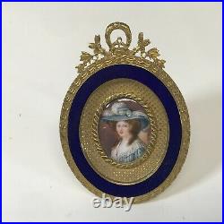 Antique French Miniature Portrait Painting of Lady in Enameled Bronze Frame