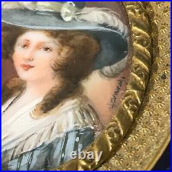 Antique French Miniature Portrait Painting of Lady in Enameled Bronze Frame