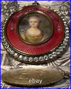 Antique French Paste Gem Guilloche Enamel Locket Oyster Frame Portrait Miniature