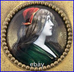 Antique French Portrait Miniature Woman Enamel Limoges Signed Original Frame