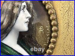 Antique French Portrait Miniature Woman Enamel Limoges Signed Original Frame