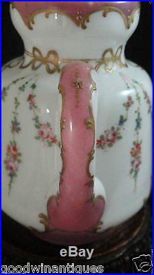 Antique French Rococo Opaline Hand Painted Enamel Floral Hyacinth Art Glass Vase