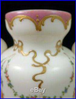 Antique French Rococo Opaline Hand Painted Enamel Floral Hyacinth Art Glass Vase