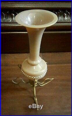 Antique French Victorian Hand Blown Painted Enamel Art Glass Vase Urn Brass Base
