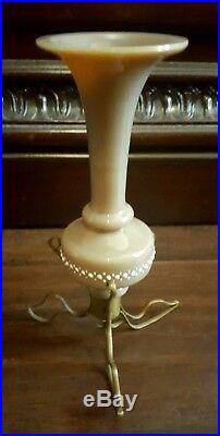 Antique French Victorian Hand Blown Painted Enamel Art Glass Vase Urn Brass Base