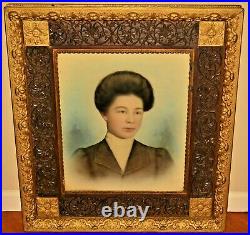 Antique Georgian Jacobean Gilded Carved Frame Watercolor Lady Portrait Painting