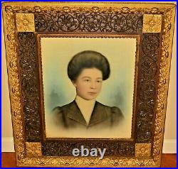 Antique Georgian Jacobean Gilded Carved Frame Watercolor Lady Portrait Painting