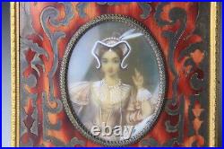 Antique Guilloche Miniature Victorian Art Painting Ornate Brass Enamel Frame