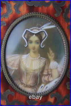 Antique Guilloche Miniature Victorian Art Painting Ornate Brass Enamel Frame