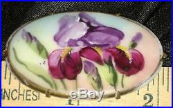 Antique Iris Flower Hand Painted Porcelain Enamel Art Nouveau Pin Vtg