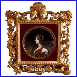 Antique Italian Enamel on Copper Portrait of Classical Woman in Giltwood Frame