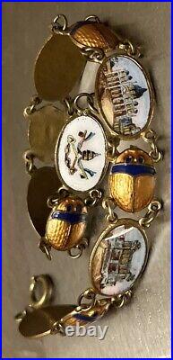 Antique Italian Guilloché Scrab Enamel Beetle Bracelet Egyptian Revival Painted