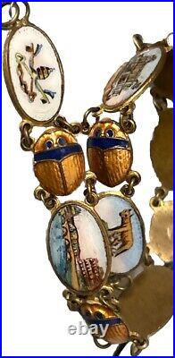 Antique Italian Guilloché Scrab Enamel Beetle Bracelet Egyptian Revival Painted