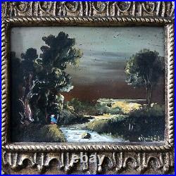 Antique Italian Landscape Miniature Painting On Copper Gilded Frame Enamel