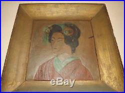 Antique Japanese Portrait Enamel on copper Framed Painting Relief over 100 years