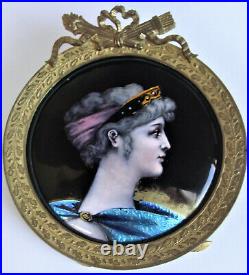 Antique LIMOGES Portrait WOMAN Enamel Copper PAINTED Plaque FRENCH France FRAME