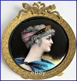 Antique LIMOGES Portrait WOMAN Enamel Copper PAINTED Plaque FRENCH France FRAME