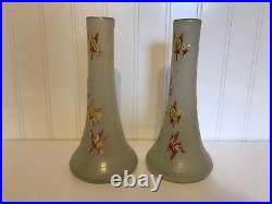 Antique Likely French Art Glass Pair of Vases Painted Enamel Flowers Decoration
