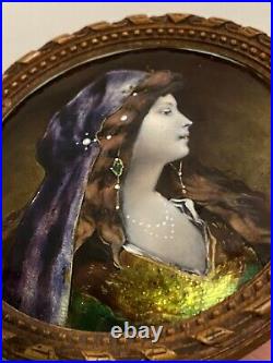 Antique Limoges Hand Painted Enameled Miniature Portrait Of Art Nouveau Woman