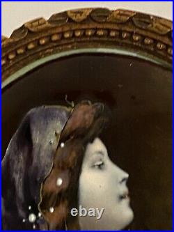 Antique Limoges Hand Painted Enameled Miniature Portrait Of Art Nouveau Woman