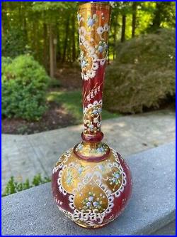 Antique MOSER Cranberry Art Glass Vase, Hand Painted withOrnate Enamel Gold Gilt