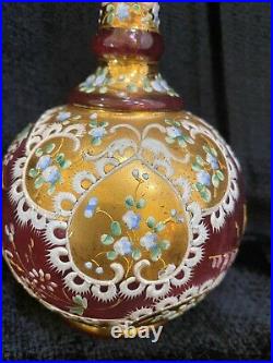 Antique MOSER Cranberry Art Glass Vase, Hand Painted withOrnate Enamel Gold Gilt