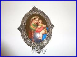 Antique Madonna Child Jesus Enamel Painting with Silver Cherub Frame