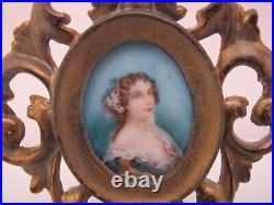 Antique Miniature FEMALE Enamel Portrait Cameo PAINTING in Gilt Metal Frame