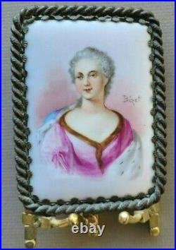 Antique Miniature Painting On Parcelain. Beautiful Elegant Lady In Red By Bizet