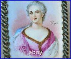 Antique Miniature Painting On Parcelain. Beautiful Elegant Lady In Red By Bizet