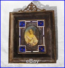 Antique Miniature Portrait Beautiful Lady in Bronze and Enamel Frame