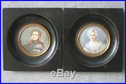 Antique Miniature Portraits PAIR 1800s Hand Ptd Framed French School signed
