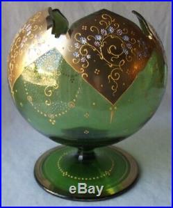 Antique Moser Bohemian Hand Painted Gold Enamel Art Glass Ivy Pedistal Bowl 7+