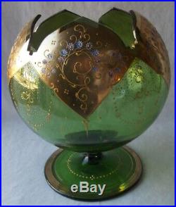 Antique Moser Bohemian Hand Painted Gold Enamel Art Glass Ivy Pedistal Bowl 7+